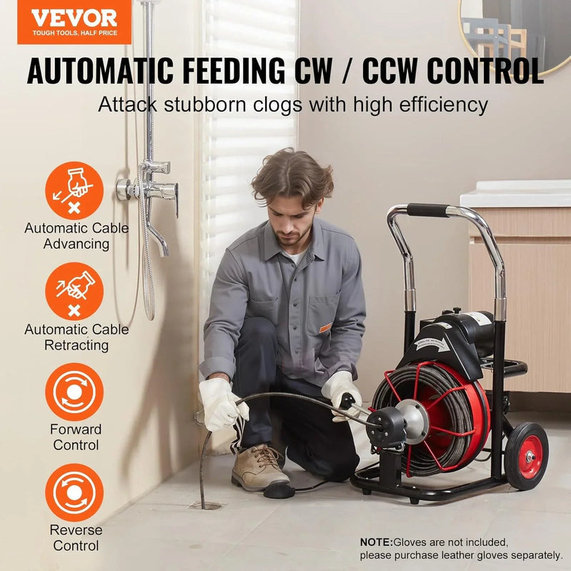Drain Cleaner Machine 100 Ft. x 1/2 In, Auto Feed Sewer Snake Auger On Wheels