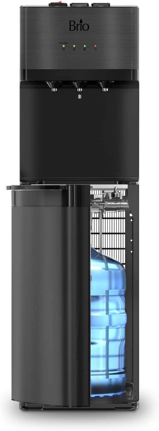 Self Cleaning Bottom Loading Water Cooler Water Dispenser Black Stainless Steel, 3 Temperature Settings, Hot, Room And Cold Water