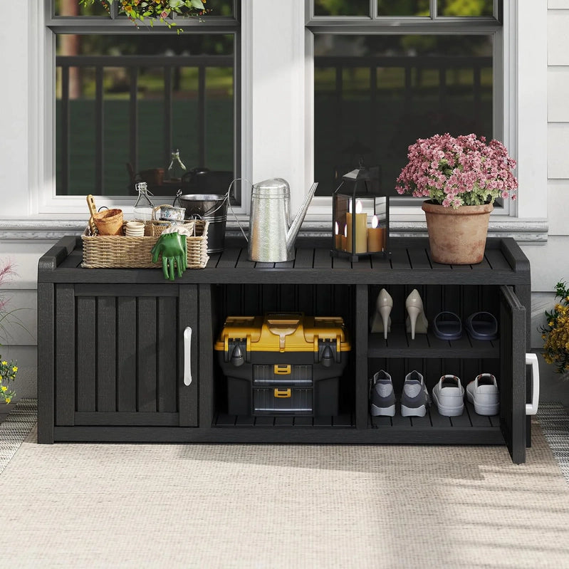 Kamaboko Outdoor Shoe Storage Cabinet, Waterproof UV-Resistant Entryway Storage Bench Indoor Outdoor With 2 Barn Doors