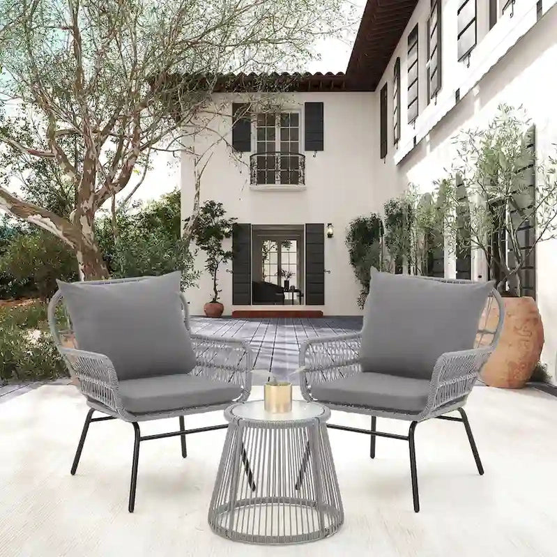 3-Piece Patio Conversation Bistro Set, Outdoor Rattan Furniture Set With Glass Table And 2 Wide Armchairs, Seat Cushions