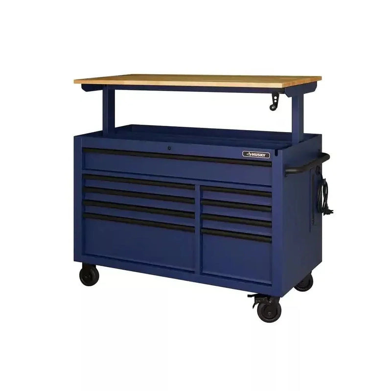 Heavy-Duty 52 In. 9-Drawer Mobile Workbench With Adjustable-Height Solid Wood Top In Matte Blue