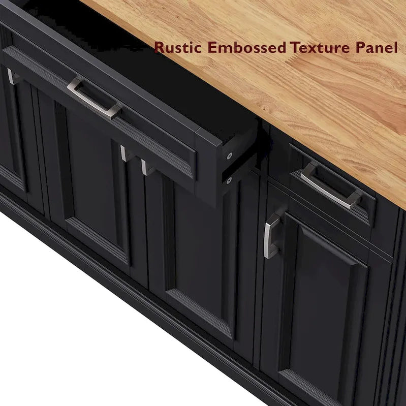54 Large Kitchen Island With Rubber Wood Drop Leaf, Embossed Texture Rolling Kitchen Cart On 4 Wheels With 4 Doors And 3 Drawers