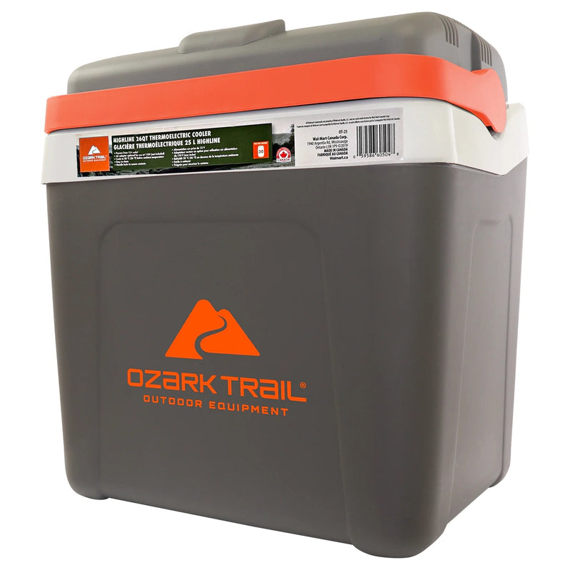 Ozark Trail 26QT Electric Cooler 12V Portable Travel Beach Camping Picnic Insulated Cooler 30 Cans Iceless 24L, Grey