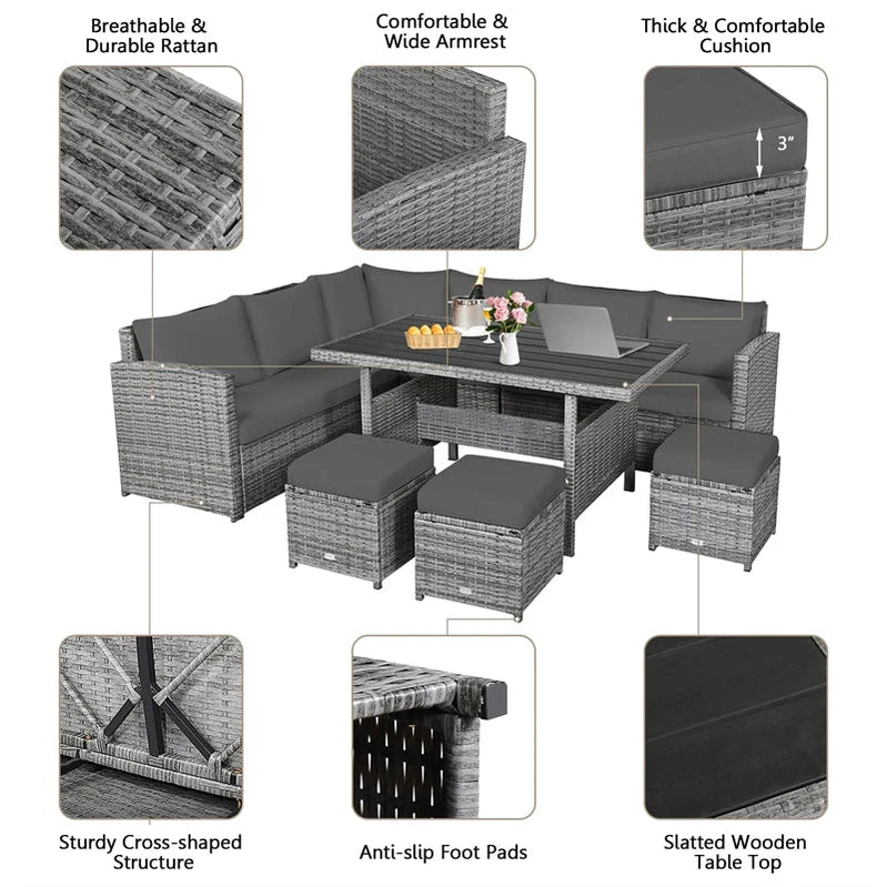 7 Pcs Rattan Patio Dining Furniture Sectional Sofa Set With Dining Table, Ottomans And Cushions