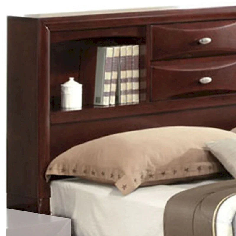 Panel Design Queen Size Bed With Bookcase And Drawers, Brown