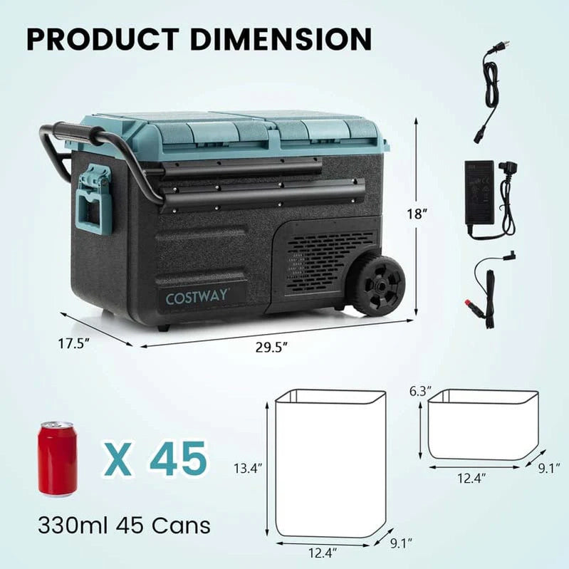 40-Quart Dual-Zone Car Refrigerator With Wheels, 12V/24V DC And 100-240V AC Portable Car Fridge Cooler Freezer