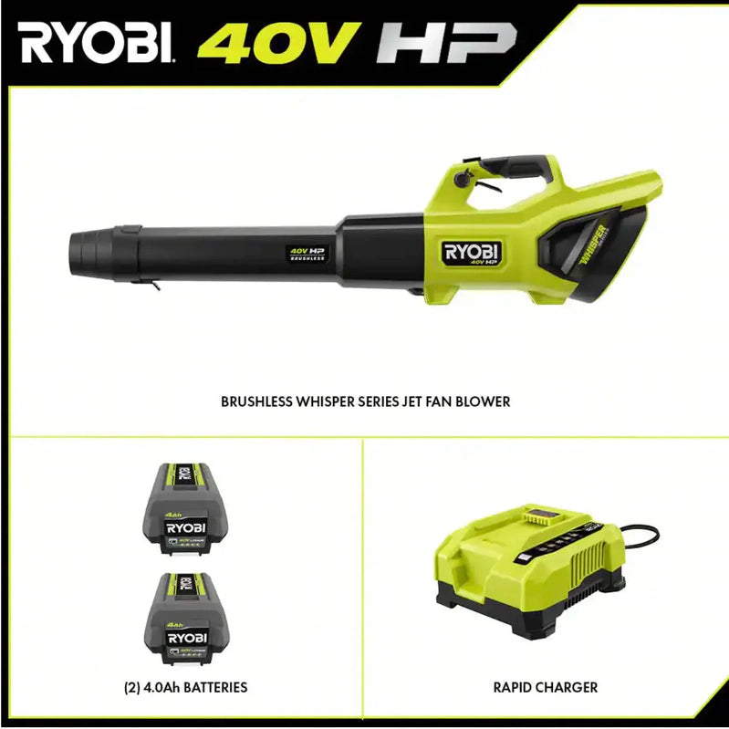 Ryobi 40V HP Brushless Whisper Series 190 MPH 730 CFM Cordless Battery Jet Fan Leaf Blower With 2 4.0 Ah Batteries And Charger
