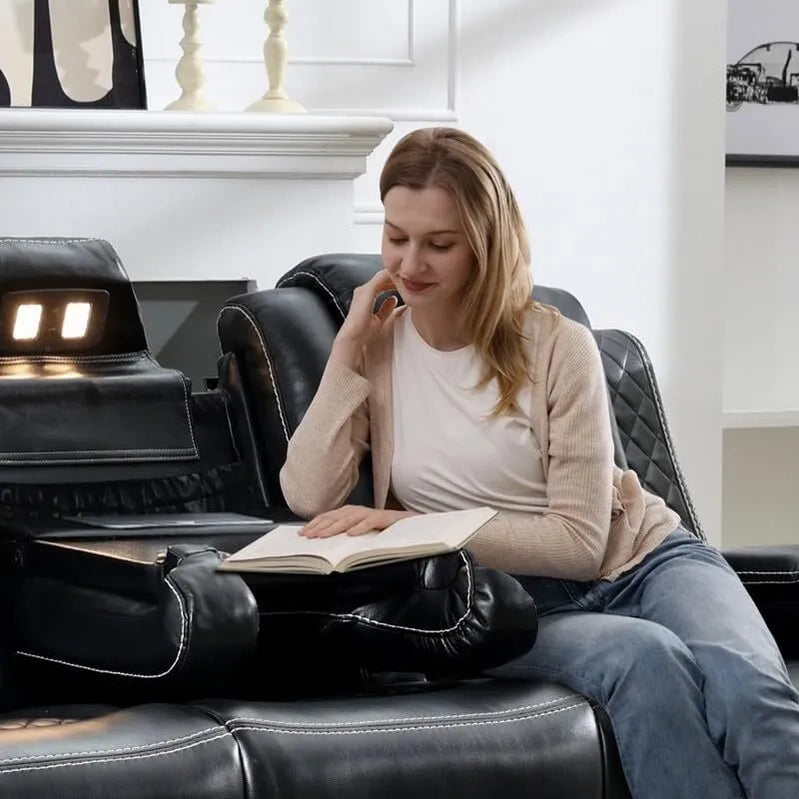Power Reclining Sofa With Wireless Charger, Reading Light For Living Room, Faux Leather LED Light, AC/USB Port, Cup Holder, Black