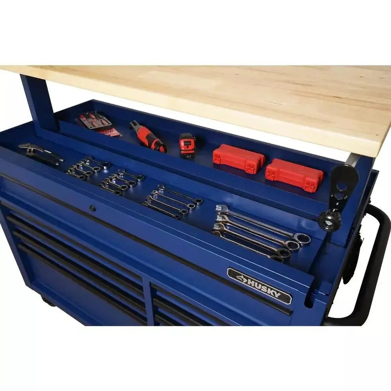 Heavy-Duty 52 In. 9-Drawer Mobile Workbench With Adjustable-Height Solid Wood Top In Matte Blue