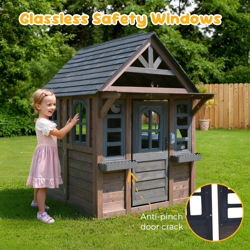 Coclub Outdoor Playhouse For Kids Ages 4-8, Wooden Play House With Doorbell, Phone, Kitchen Toys, Outdoor Kids Play Equipment, Casa Para Ni As
