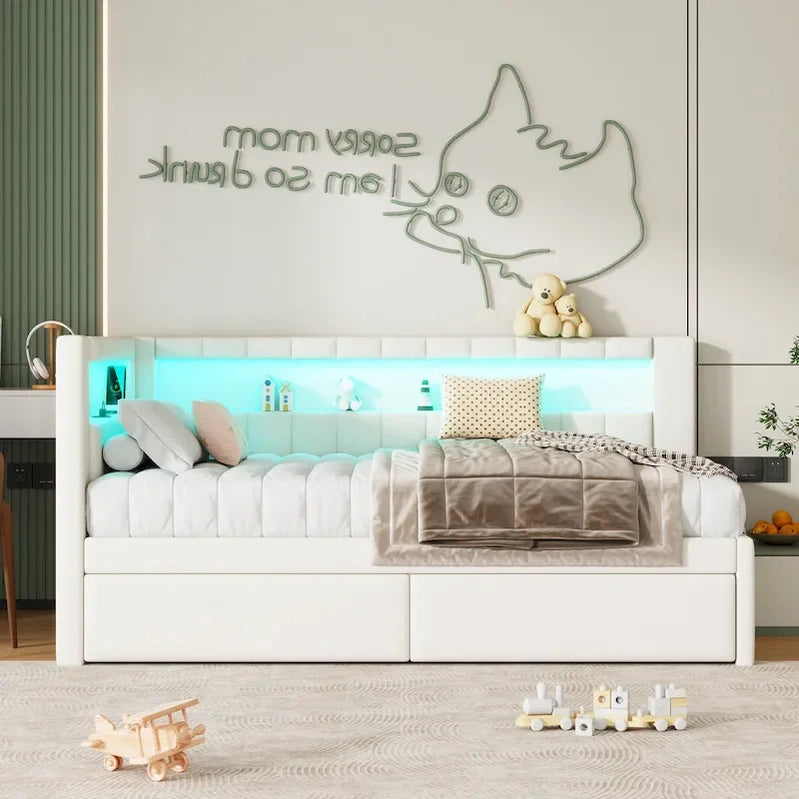 Upholstered Platform Bed With USB Ports And LED Lighting, Full/Twin Size Bed Frame With 2 Storage Drawers, Modern Bedroom