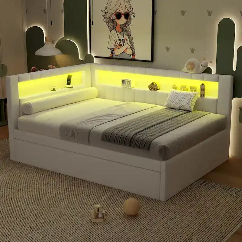 Upholstered Platform Bed With USB Ports And LED Lighting, Full/Twin Size Bed Frame With 2 Storage Drawers, Modern Bedroom