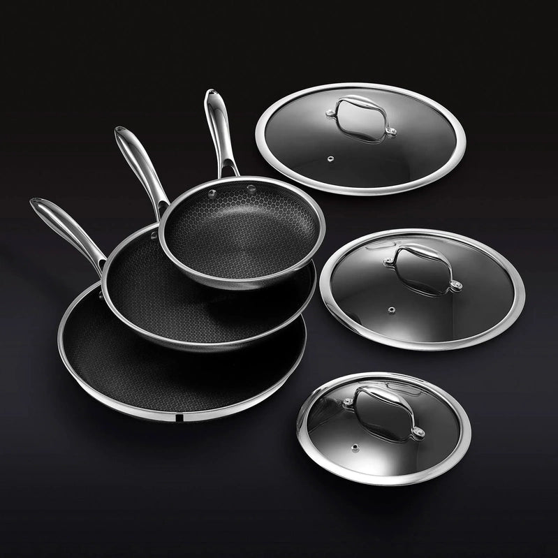 HexClad 6 Piece Hybrid Stainless Steel Cookware Pan Set 8 In., 10 In., 12 In. With Glass Lids, Size, One Size, Black