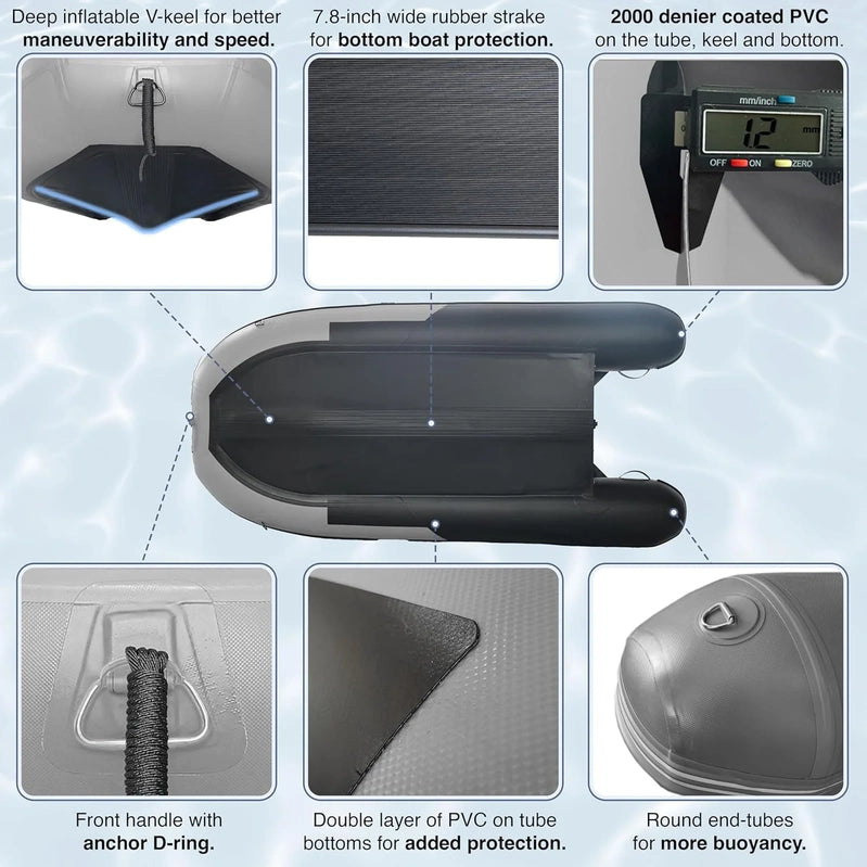 Inflatable Boat, Yacht Dinghy Tender Raft, Multi Person Fishing Boat, Aluminum Floor Oars, Fishing Rod Holders, Heavy-Duty PVC, 2024 Model