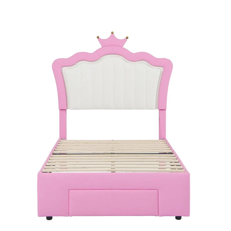 Twin Size Upholstered Bed Frame With LED Lights, Modern Upholstered Princess Bed With Crown Headboard, A Drawer, Pink Plus White