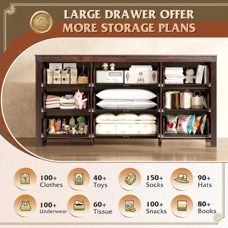 9 Drawer LED Dresser For Bedroom, 58.35 In. Wide Wood Dresser Storage Organizer With Power Outlets For 65 In. TV, Dressers With Open Shelves