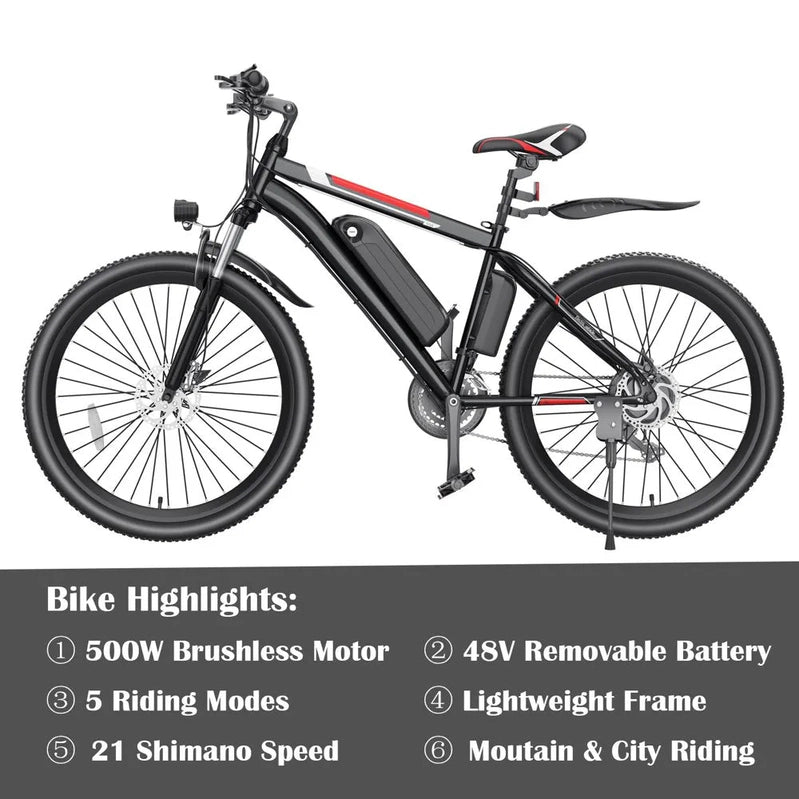 500W Electric Bike 26 In. Electric Bicycle For Adults With Cruise Control System Ebike