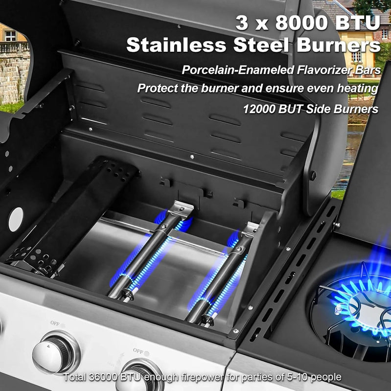 Upgraded 4 Burner Bbq Propane Gas Grill With Cast Iron Grates And Side Stove, 44,000 BTU Stainless Steel Burner Barbecue Grill For Patio