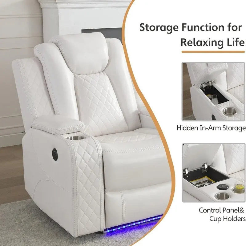 Power Reclining Sofa With Wireless Charger, Reading Light For Living Room, Faux Leather LED Light, AC/USB Port, Cup Holder, Black