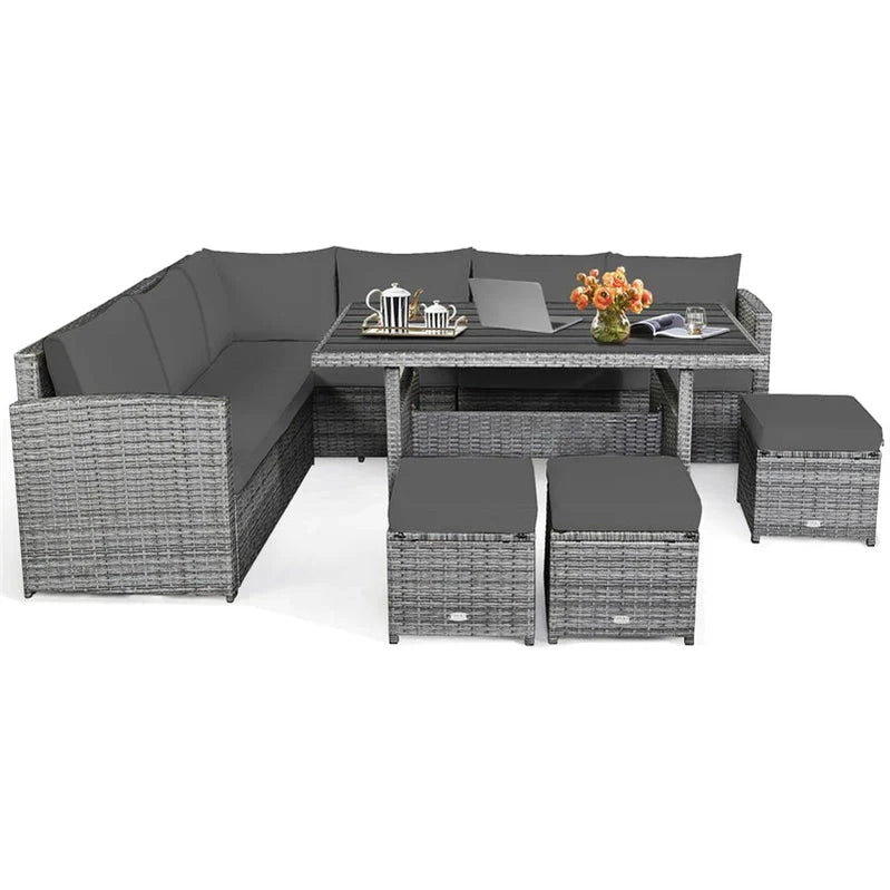7 Pcs Rattan Patio Dining Furniture Sectional Sofa Set With Dining Table, Ottomans And Cushions