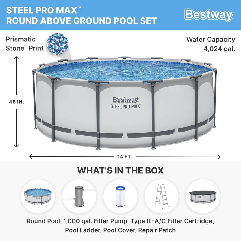 Steel Pro MAX 14 Ft. x 48 In. Round Metal Frame Above Ground Outdoor Swimming Pool Set With 1,000 Filter Pump, Ladder, And Cover, Gray