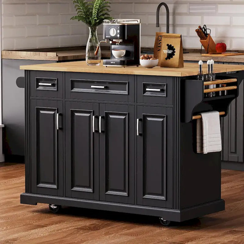 54 Large Kitchen Island With Rubber Wood Drop Leaf, Embossed Texture Rolling Kitchen Cart On 4 Wheels With 4 Doors And 3 Drawers