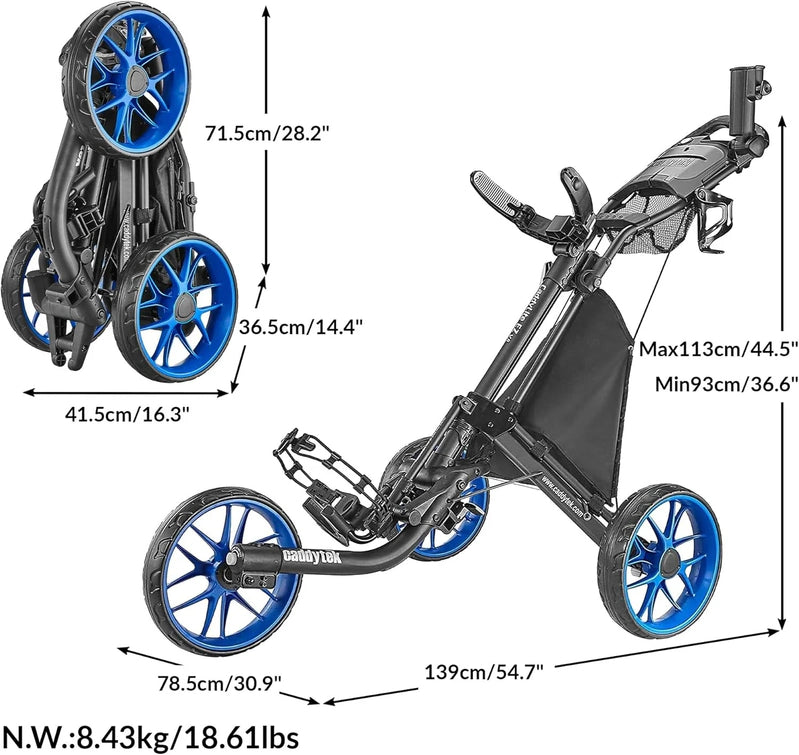 3Wheel Golf Push Cart, Golf Trolley Foldable Collapsible Lightweight Pushcart With Foot Brake, Easy To Open And Close