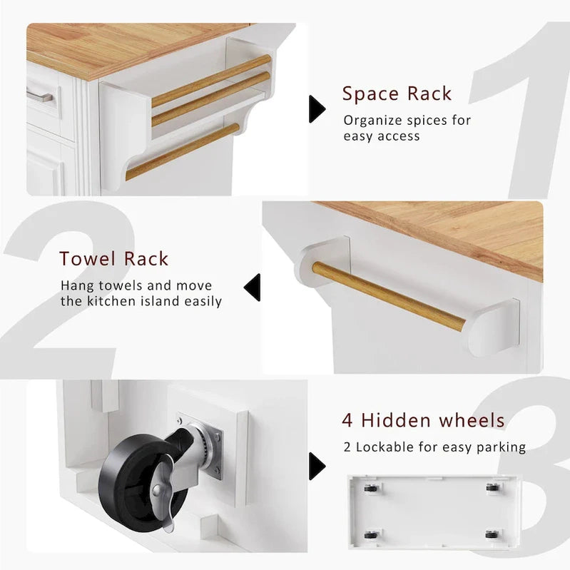 Large Kitchen Island With Wood Drop Leaf, Embossed Texture Rolling Kitchen Cart wDoors And Drawers wStorage For Kitchen, White