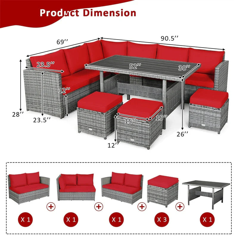 7 Pcs Rattan Patio Dining Furniture Sectional Sofa Set With Dining Table, Ottomans And Cushions
