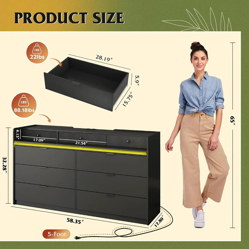 9 Drawer LED Dresser For Bedroom, 58.35 In. Wide Wood Dresser Storage Organizer With Power Outlets For 65 In. TV, Dressers With Open Shelves