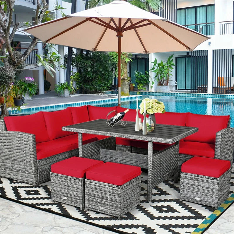 7 Pcs Rattan Patio Dining Furniture Sectional Sofa Set With Dining Table, Ottomans And Cushions