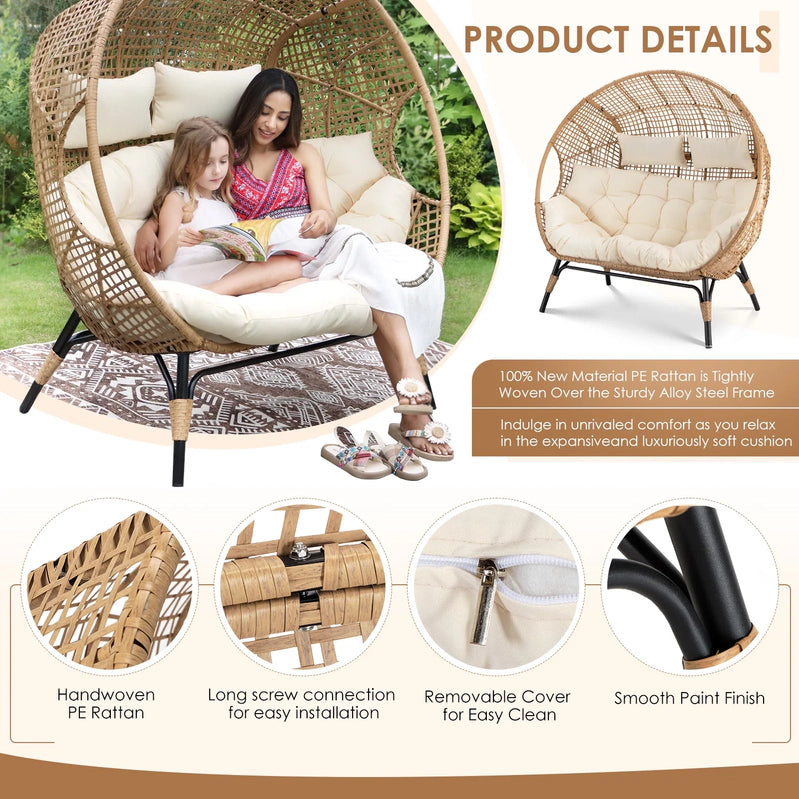 Radiata Double Egg Chair For 2 Person, Oversized Wicker Loveseat With Thick Cushions, 680 Lbs Capacity