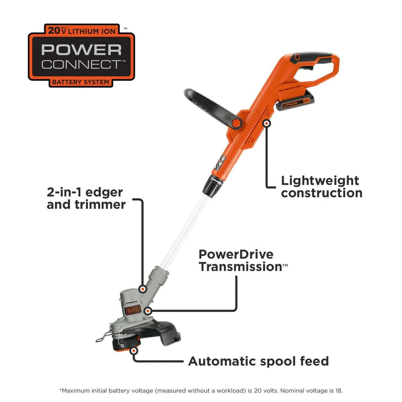 Black Plus Decker 20V Cordless String Trimmer And Edger, 2Ah, Lithium Ion Battery Included