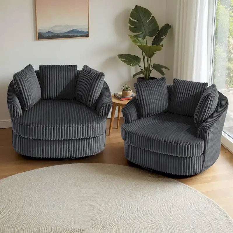 2 Set Oversized 43 W Plush Corduroy Swivel Barrel Chair With Pillows