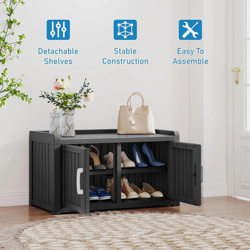 Kamaboko Outdoor Shoe Storage Cabinet, Waterproof UV-Resistant Entryway Storage Bench Indoor Outdoor With 2 Barn Doors