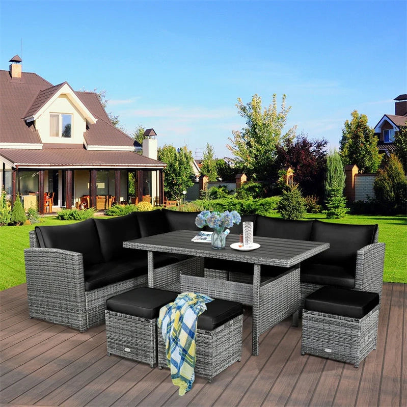 7 Pcs Rattan Patio Dining Furniture Sectional Sofa Set With Dining Table, Ottomans And Cushions