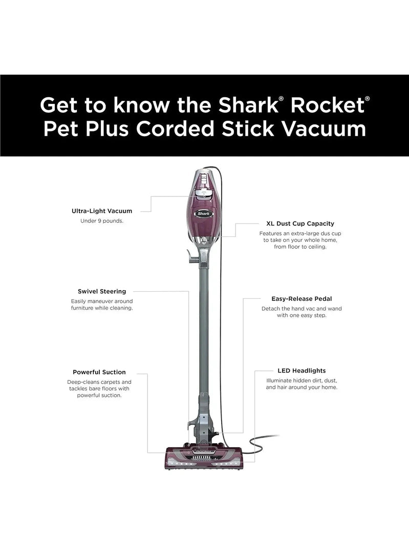 Shark HV322 Rocket Deluxe Pro Corded Stick Vacuum With LED Headlights, XL Dust Cup, Lightweight, For Pet Hair Pickup, Converts To A Hand Vacuum