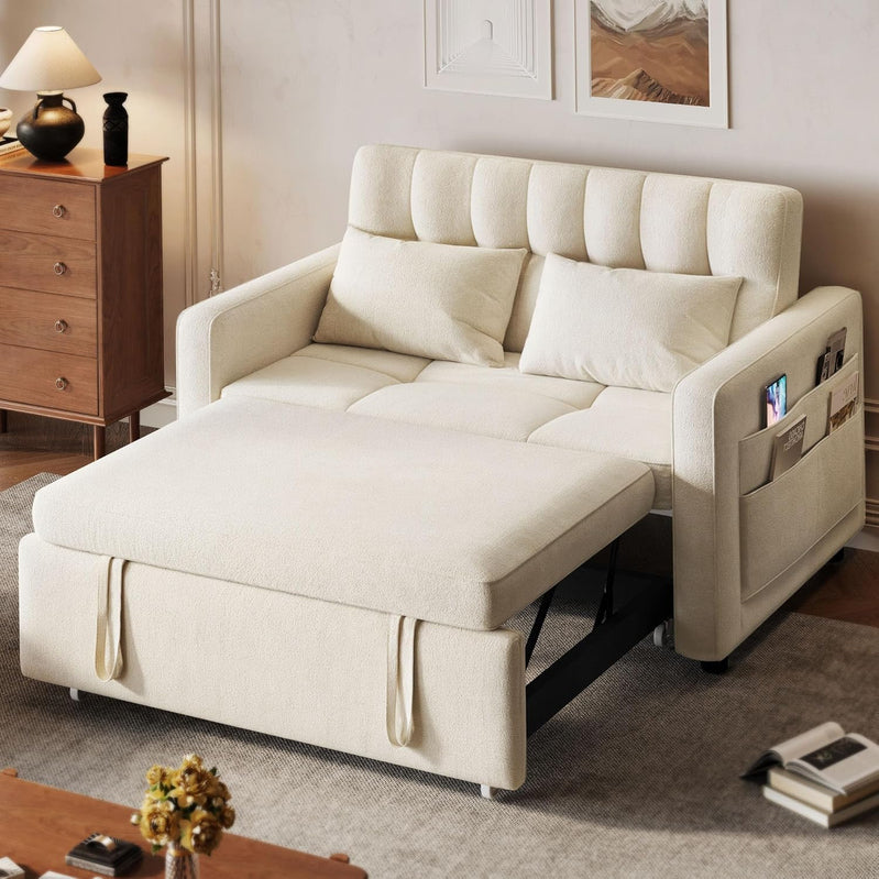 3-in-1 Convertible Sofa Bed, 55 In. Sleeper Sofa With Pull-Out Bed, Cat-Scratch-Proof Fabric Futon Couch With Adjustable Backrest And Side Pocket