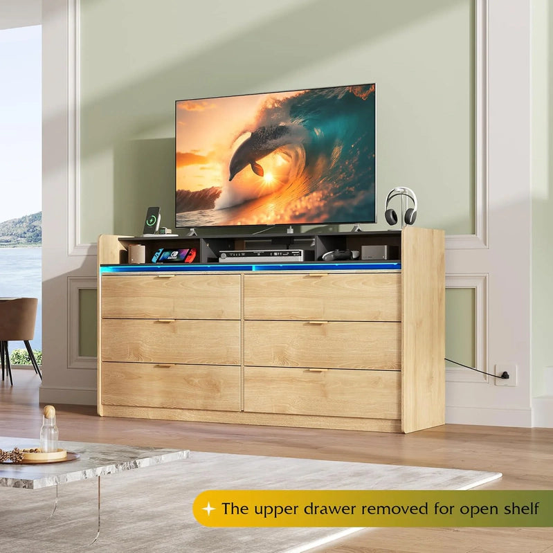 9 Drawer LED Dresser For Bedroom, 58.35 In. Wide Wood Dresser Storage Organizer With Power Outlets For 65 In. TV, Dressers With Open Shelves