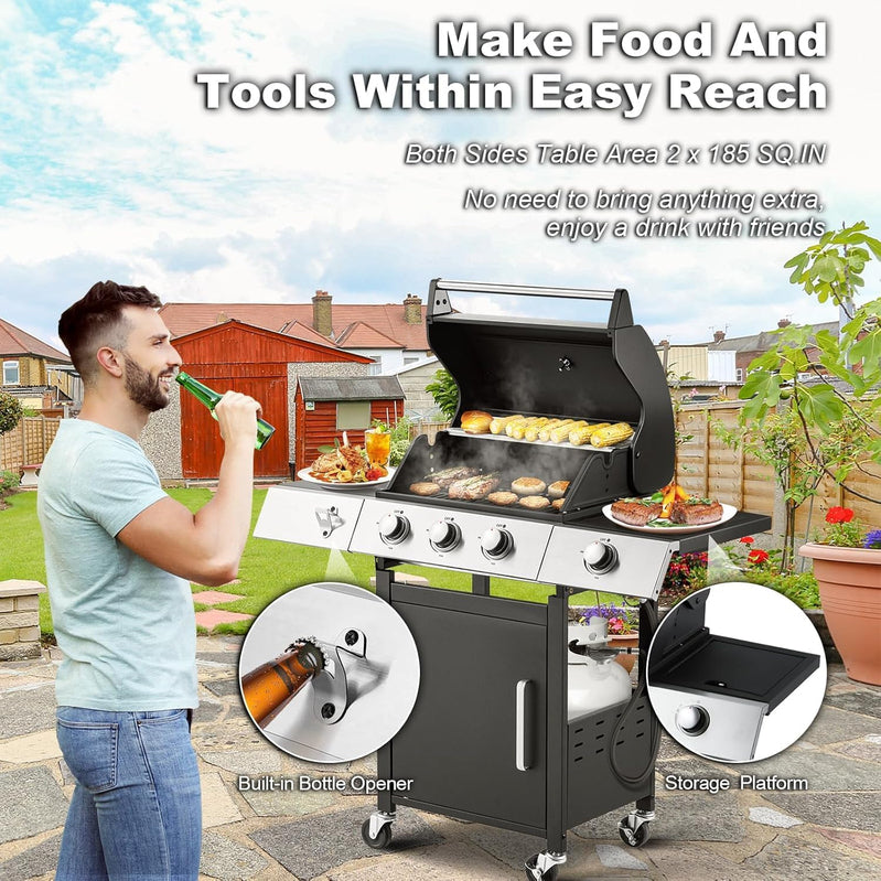 Upgraded 4 Burner Bbq Propane Gas Grill With Cast Iron Grates And Side Stove, 44,000 BTU Stainless Steel Burner Barbecue Grill For Patio