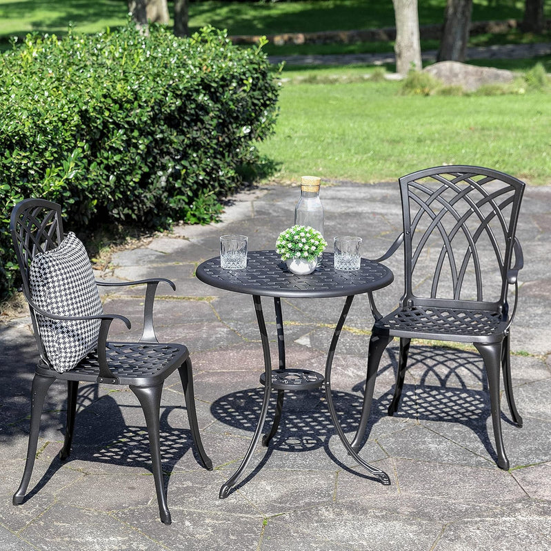Nuu Garden Bistro Set 3 Piece Outdoor Cast Aluminum Patio Bistro Set Patio Table And Chairs Set Of 2 With Umbrella Hole And Gray Cushions, Black