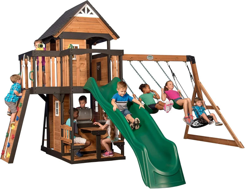 Backyard Discovery Canyon Creek Cedar Wood Swing Set With Wave Slide, Clubhouse, Play Kitchen, Picnic Area, Belt Swings, Web Swing, Rock Wall