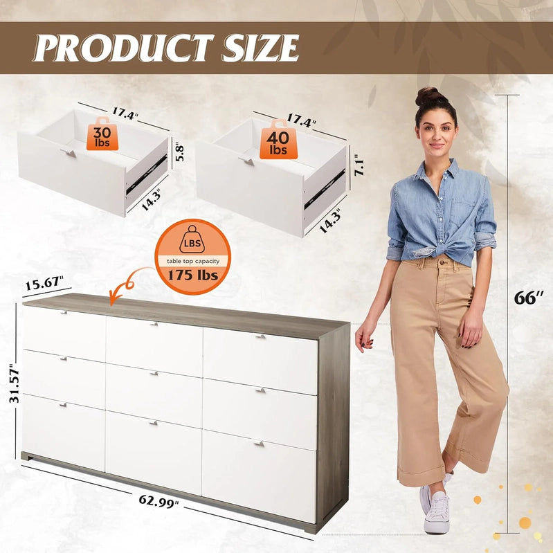 9 Drawer LED Dresser For Bedroom, 58.35 In. Wide Wood Dresser Storage Organizer With Power Outlets For 65 In. TV, Dressers With Open Shelves