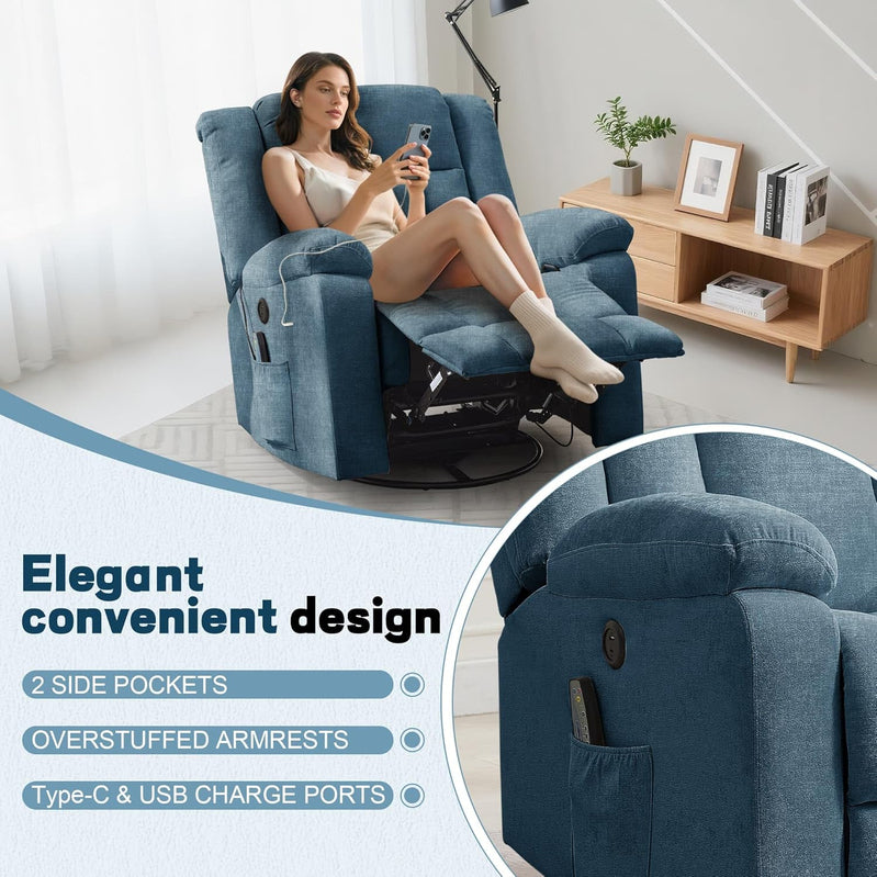 Rocker Recliner, Glider Recliner Chairs For Adults, 360 Degree Swivel Rocking Chair With Massage And Heating
