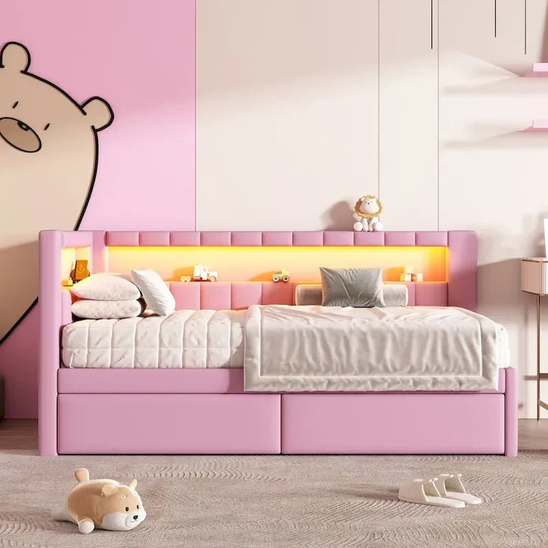 Upholstered Platform Bed With USB Ports And LED Lighting, Full/Twin Size Bed Frame With 2 Storage Drawers, Modern Bedroom
