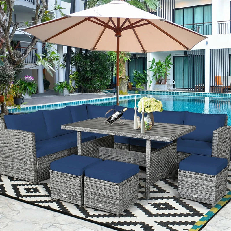 7 Pcs Rattan Patio Dining Furniture Sectional Sofa Set With Dining Table, Ottomans And Cushions