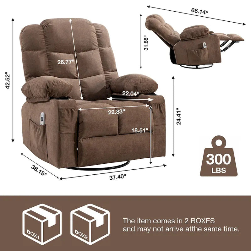 Grey Oversized Recliner With Heat And Massage, 150 Recline, 30 Rocking, USB Charging, And 2 Cup Holders