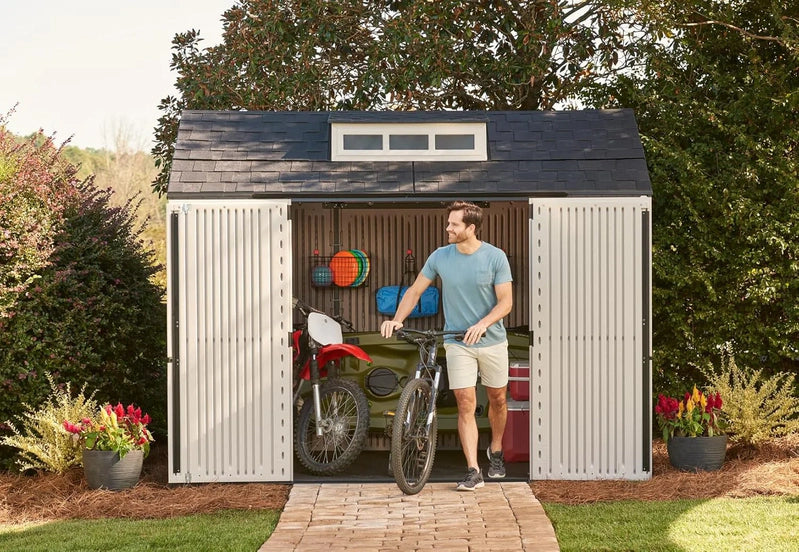 Rubbermaid Resin Garden Shed With Floor, 2.13 x 2.13 M, Weatherproof, Grey, For Storing Garden Tools, Lawnmowers, Bicycles And Pool Accessories