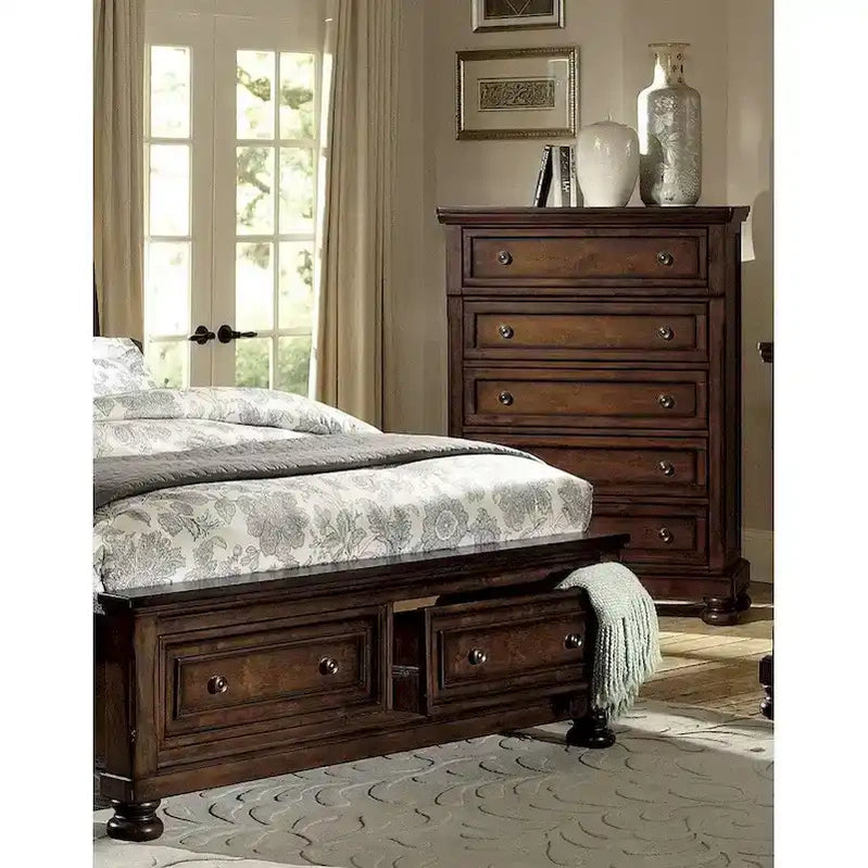 Master Bedroom Set 5pc Classic Brown Cherry Finish Platform Storage Bed