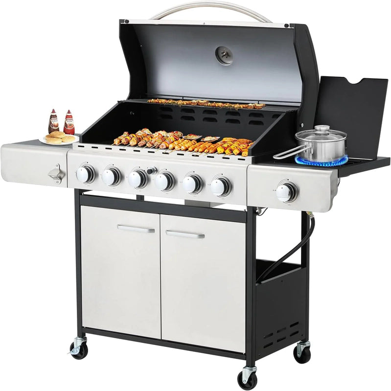 Upgraded 4 Burner Bbq Propane Gas Grill With Cast Iron Grates And Side Stove, 44,000 BTU Stainless Steel Burner Barbecue Grill For Patio
